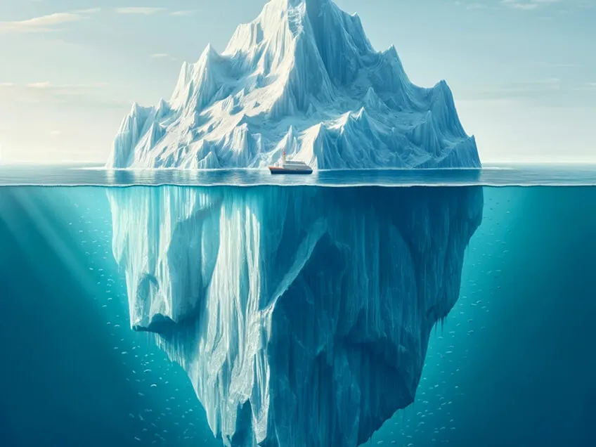 Iceberg with a small ship sailing on the water surface and a massive submerged ice formation below, illustrating hidden challenges.
